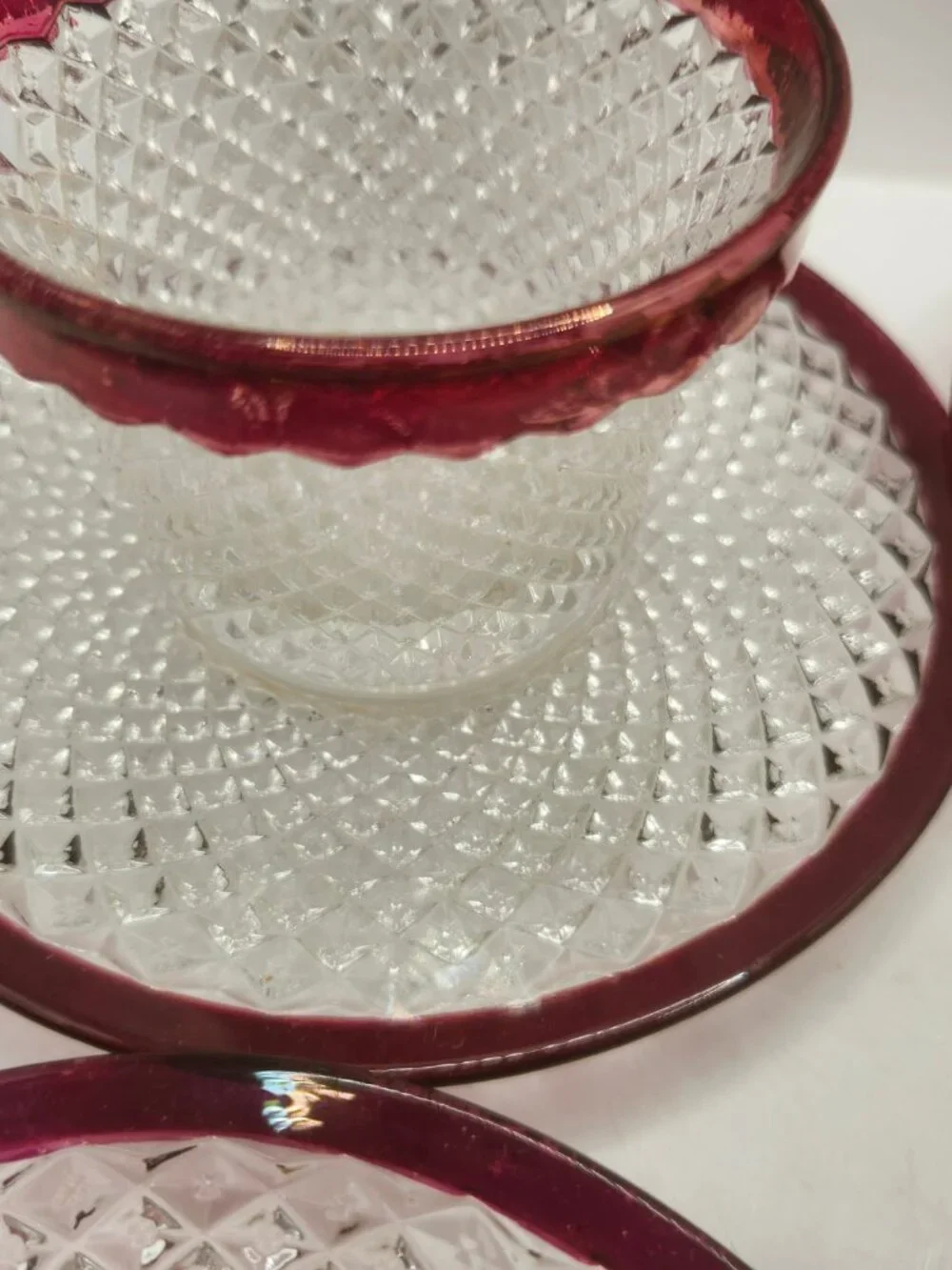 Vintage Set of 4 Indiana Glass Ruby Red Diamond Point Cups with Saucer Sets